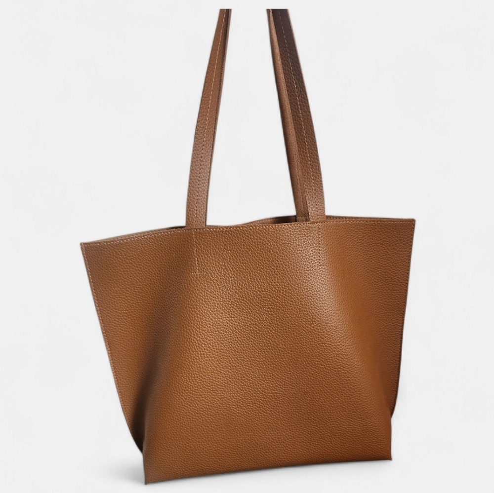 Vegan Pebble Leather Tote Bag Tassel Detail Brown Tan New Without Tags - Picture 3 of 8